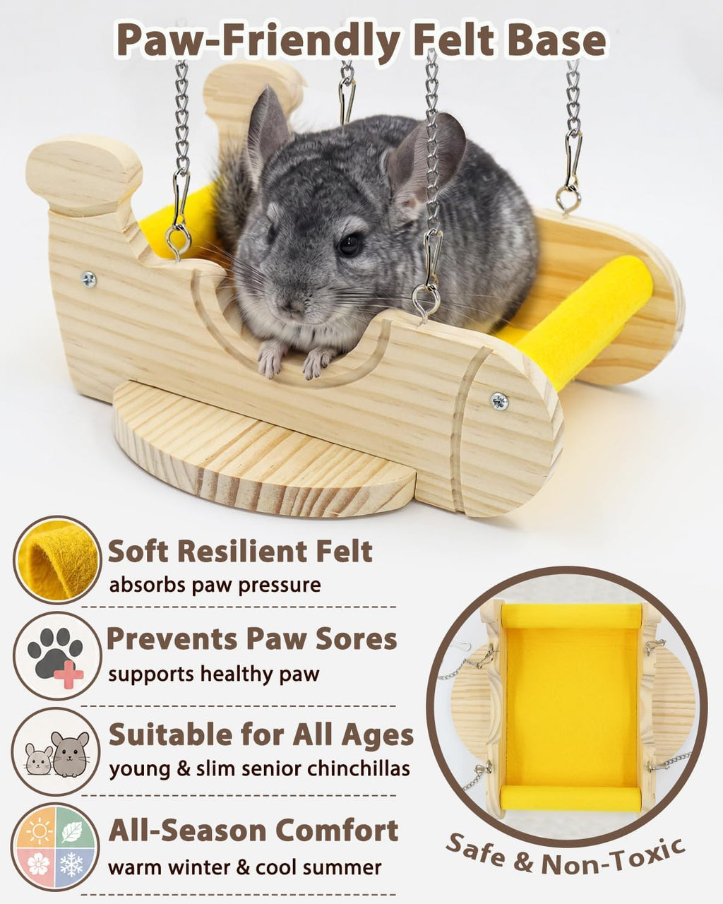 Wood Chinchilla Hammock with Felt Base Absorbs Paw Pressure