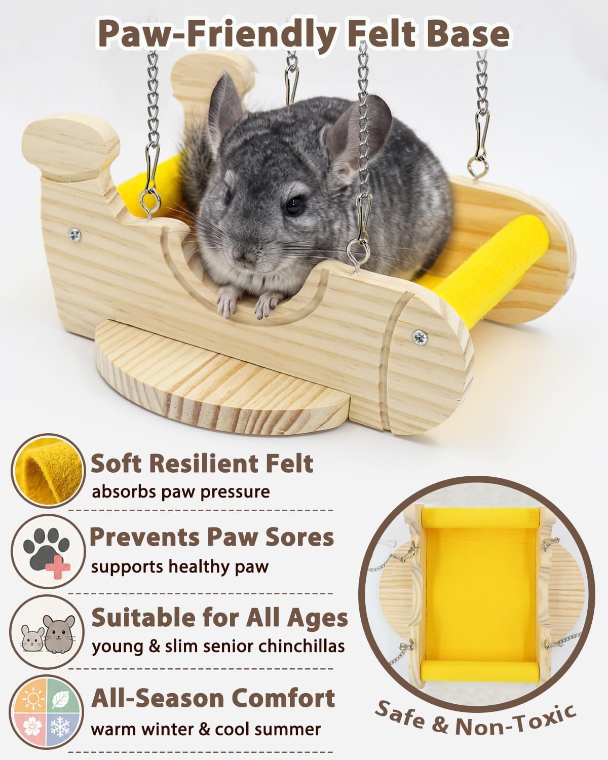 Wood Chinchilla Hammock with Felt Base Absorbs Paw Pressure