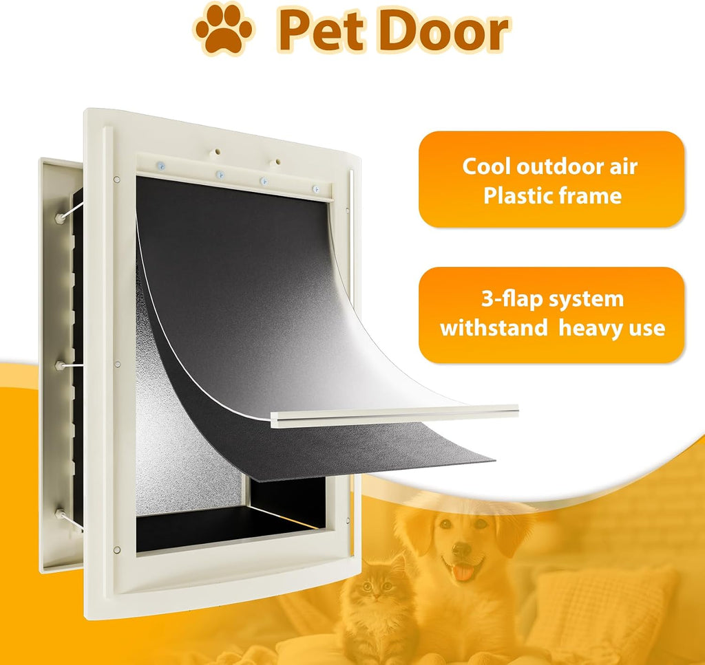 mestyl Dog Door for Wall, Pet Door, Doggie Door with Adjustable Tunnel, Double Magnetic Flaps and Sliding Lock Panels, 3-Flap Dog Door and Cat Door, Easy to Install, White, Large