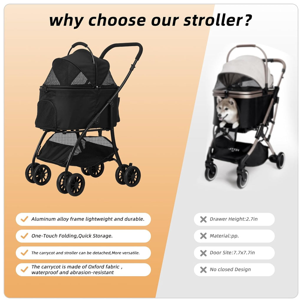 Dog and Cat Stroller with Detachable Carrier, 4-Wheel, Car Seat (Grey)