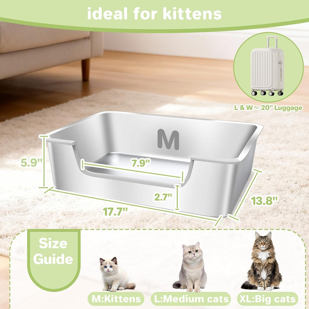 Low Entry Litter Box for Senior or Disabled & Injured Cats, Stainless Steel High Sided Enclosed Easy Step in Entry-Metal Kitty Litter Box for Kittens, Odor Control (17.7"x13.8"x5.9")