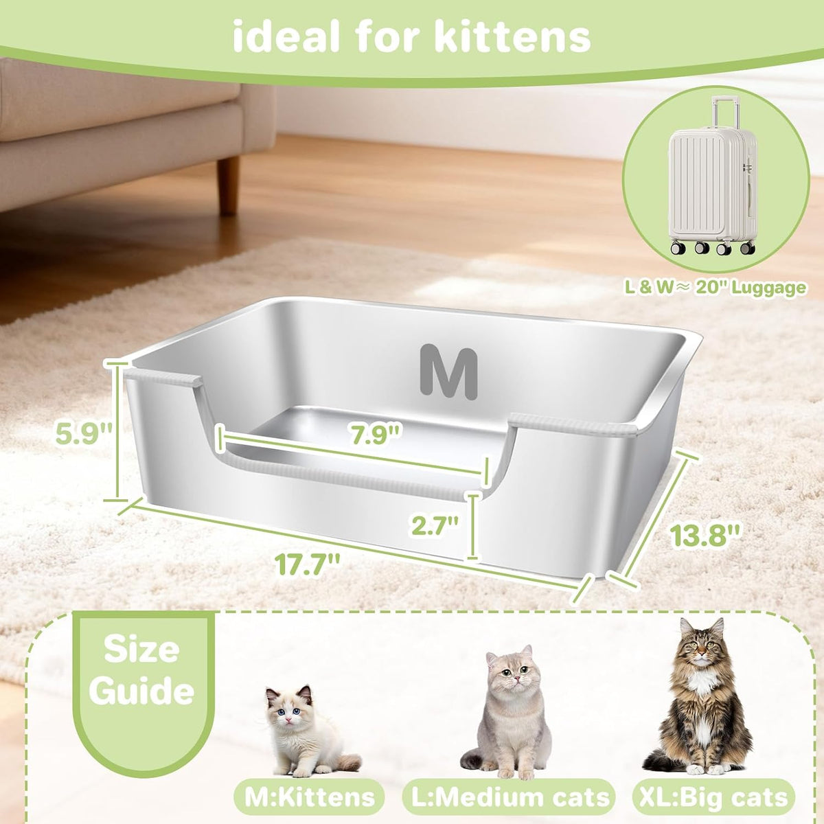 Low Entry Litter Box for Senior or Disabled & Injured Cats, Stainless Steel High Sided Enclosed Easy Step in Entry-Metal Kitty Litter Box for Kittens, Odor Control (17.7"x13.8"x5.9")
