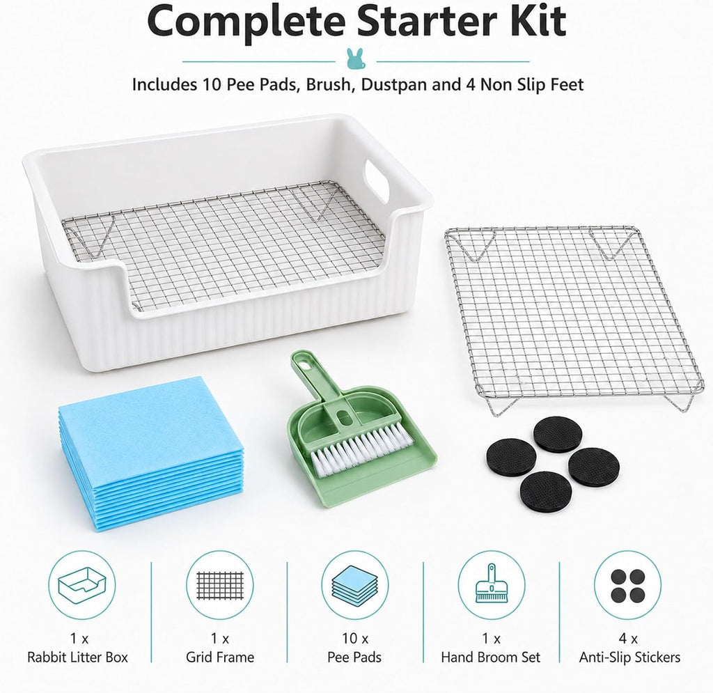 Rabbit Litter Box with Grate, Large Bunny Litter Pan for Cage, PP Toilet Tray with Removable Stainless Steel Grid, 10 Pee Pads, Brush and Non Slip Feet