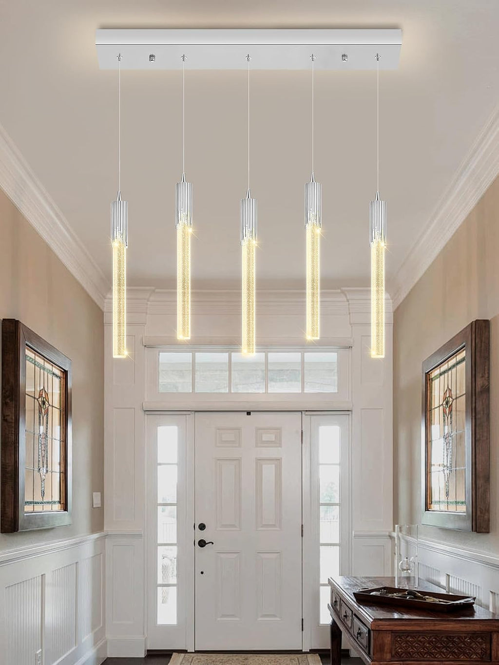 Flashing God 5-Lights Rectangular Crystal Pendant Lights for Kitchen Island Modern Crystal Column Chandeliers for Dining Room Chrome Linear Crystal Chandelier