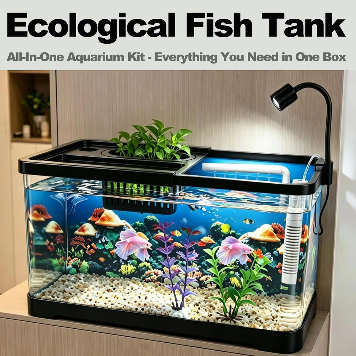 4 Gallon Fish Tank Kit, LED Light Filter Starter Aquarium for Betta Shrimp
