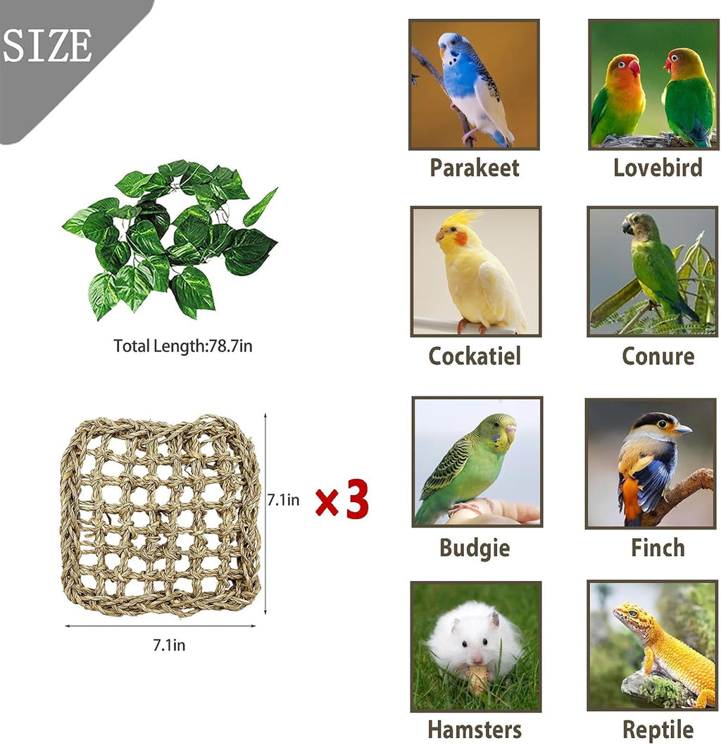 3 PCS Parrot Seagrass Mat,7.1Inch Bird Swing Hammock Woven Climbing Net
