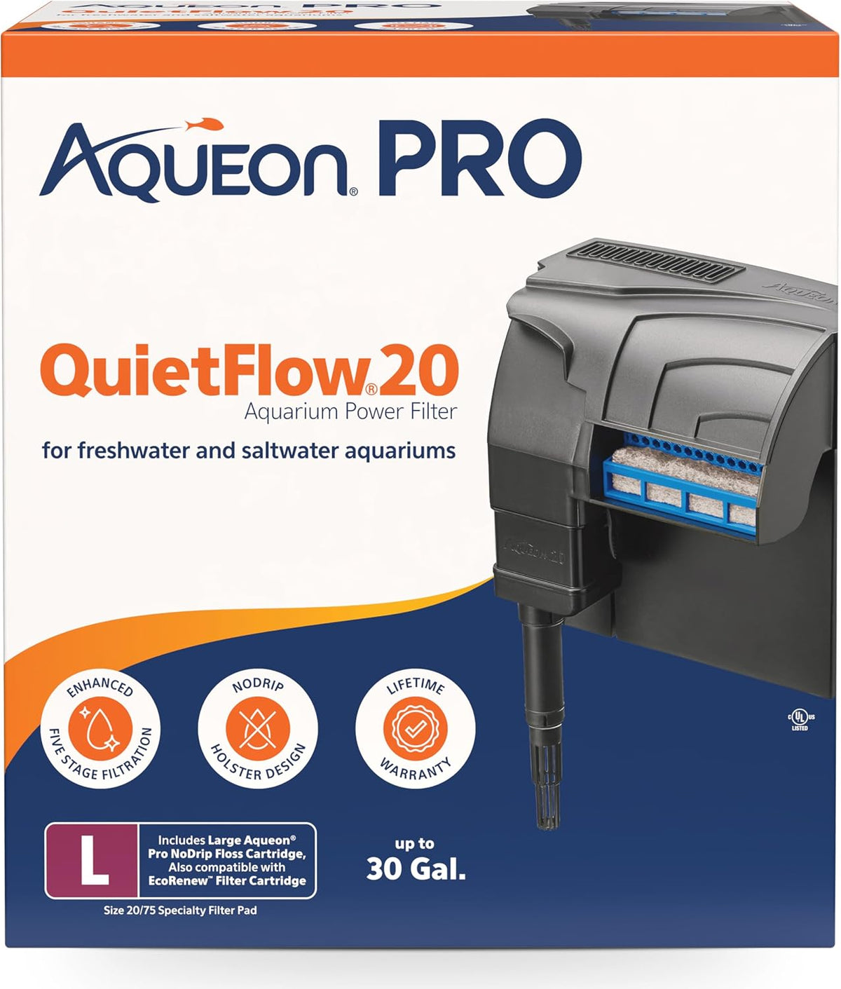 Aqueon QuietFlow 20 LED PRO Aquarium Fish Tank Power Filter For Up To 30 Gallon Aquariums