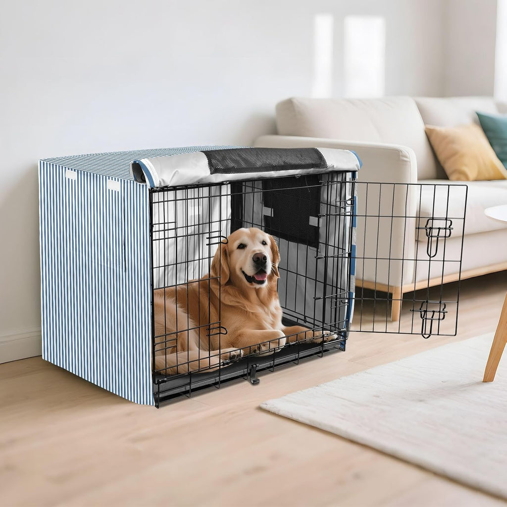 Blue White Stripes Dog Crate Cover 600D Oxford Heavy Duty Kennel Cover Mesh Window Soundproof Waterproof Sunshade Universal Fit for 30 inches Wire Cage