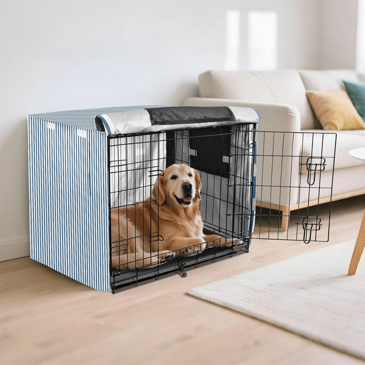 Blue White Stripes Dog Crate Cover 600D Oxford Heavy Duty Kennel Cover Mesh Window Soundproof Waterproof Sunshade Universal Fit for 30 inches Wire Cage