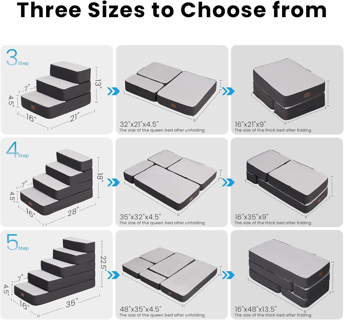 Garnpet 3-Step Adjustable Dog Stairs for Sofa and Couch, Dog Steps for Small Dogs and Cats, Foldable Pet Stairs for Low Bed Climbing, Non-Slip Pet Step Indoor, Grey