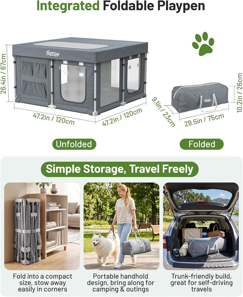 Foldable Large Dog Playpen 47.2"x47.2"x26.3" Indoor Outdoor Use