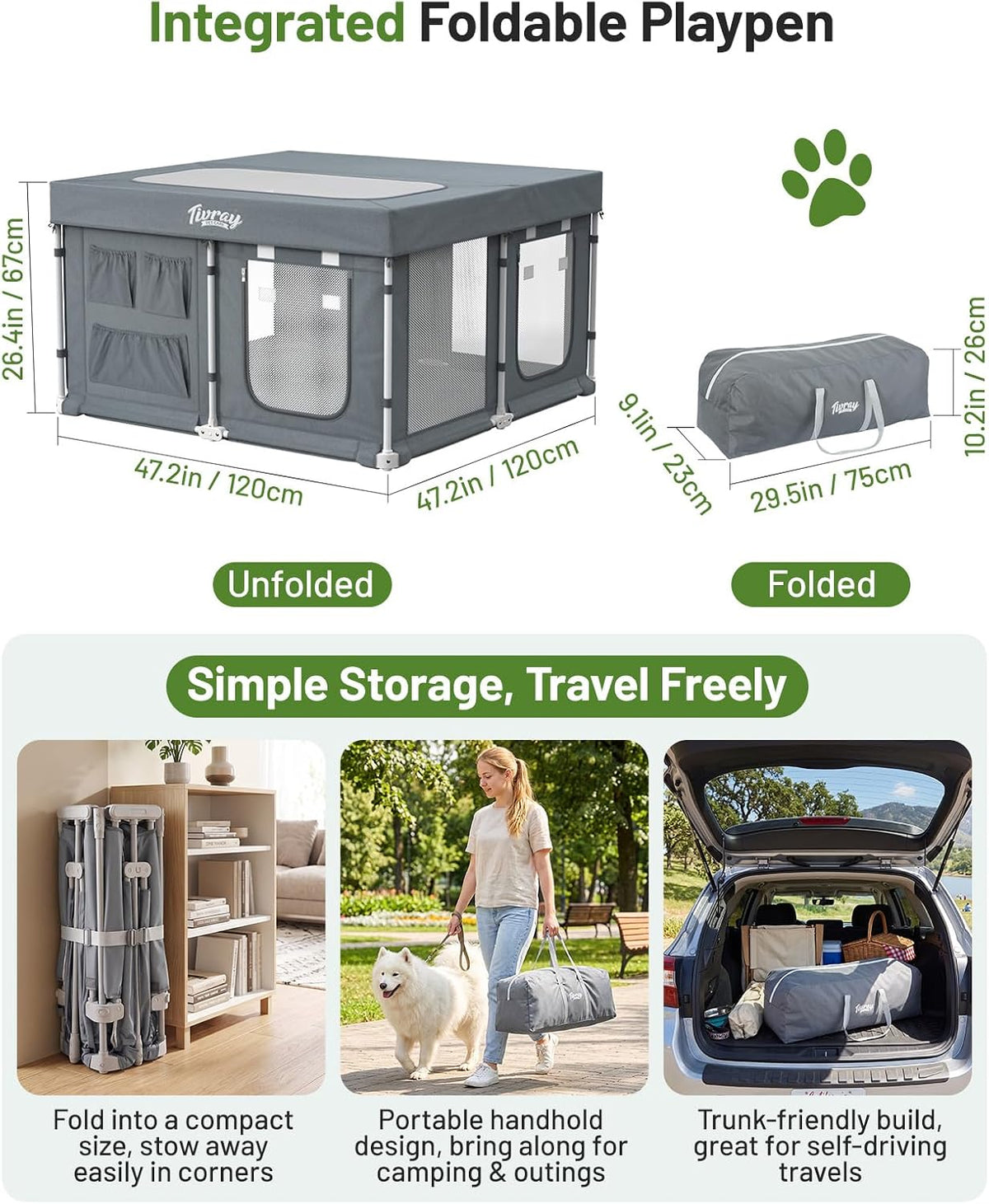 Foldable Large Dog Playpen 47.2"x47.2"x26.3" Indoor Outdoor Use