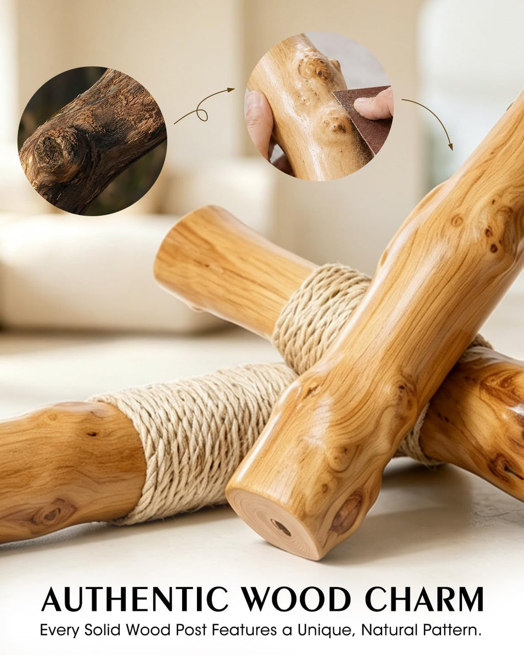 Solid Wood Cat Tree, Boho Modern Cat Tree Tower with Pear Branch