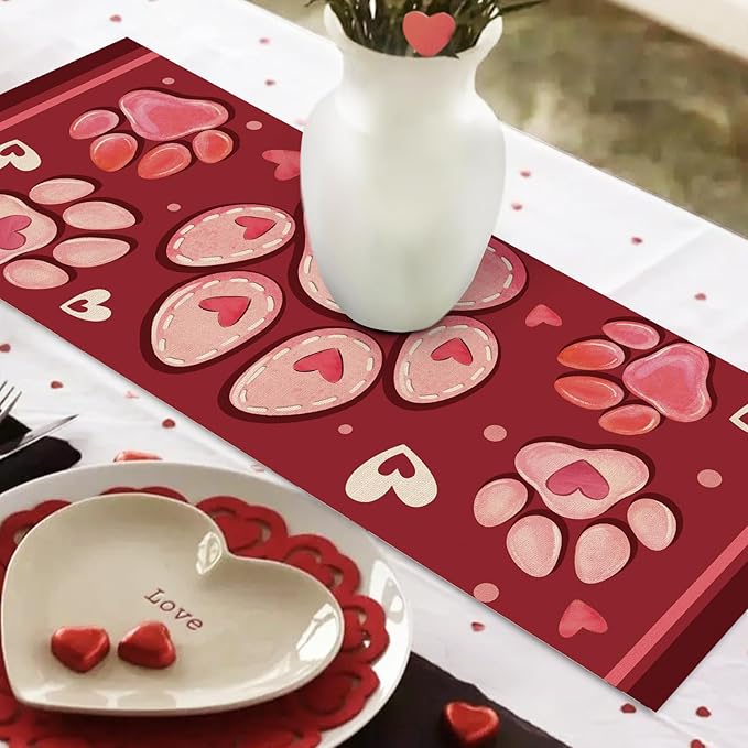 Valentines Day Dog Cat Paw Prints Table Runner, Anniversary Wedding Burlap - Image 6