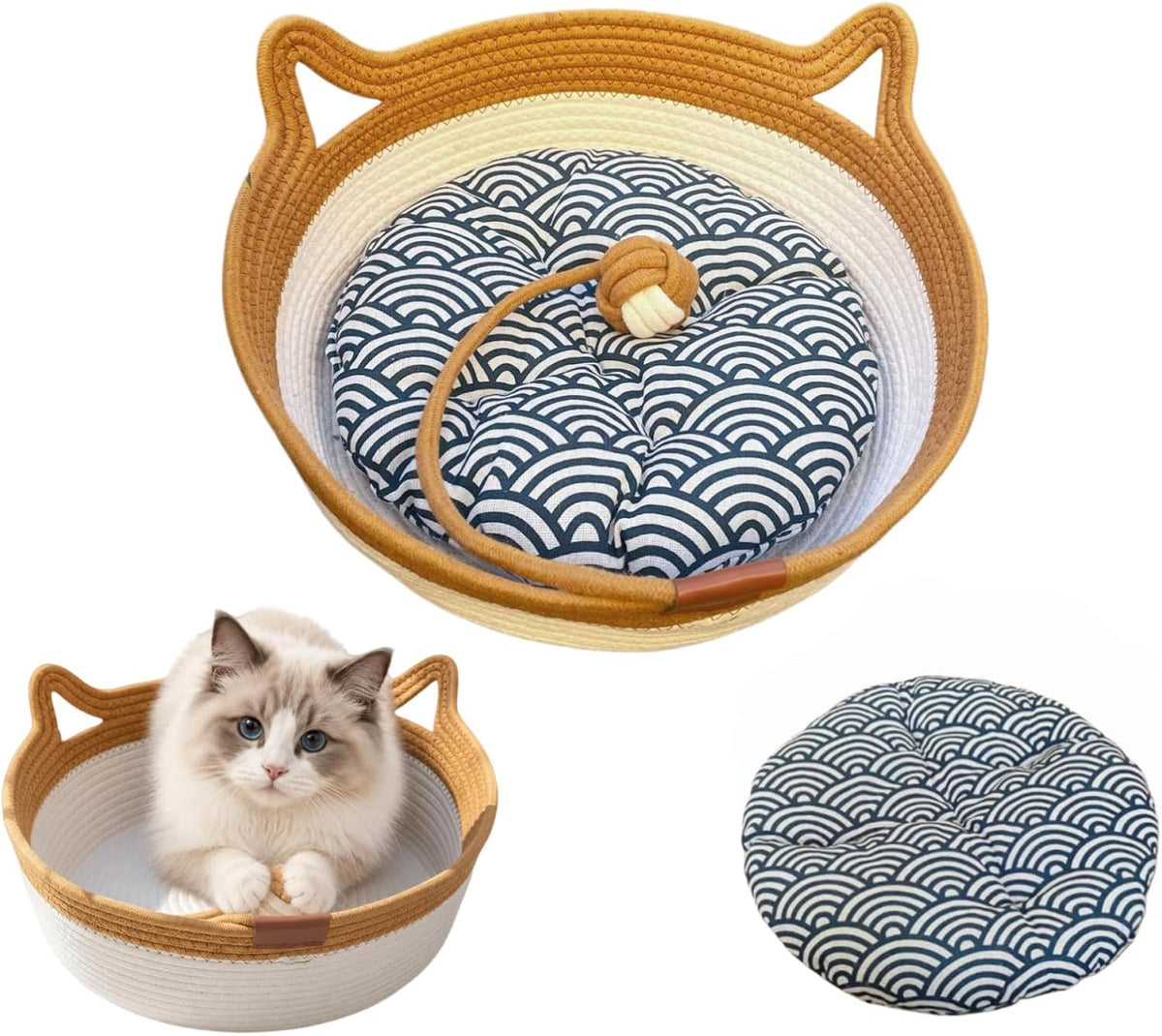 Handwoven Cotton Rope Cat Basket, Scratch-Friendly Cat Bed for Indoor Cats