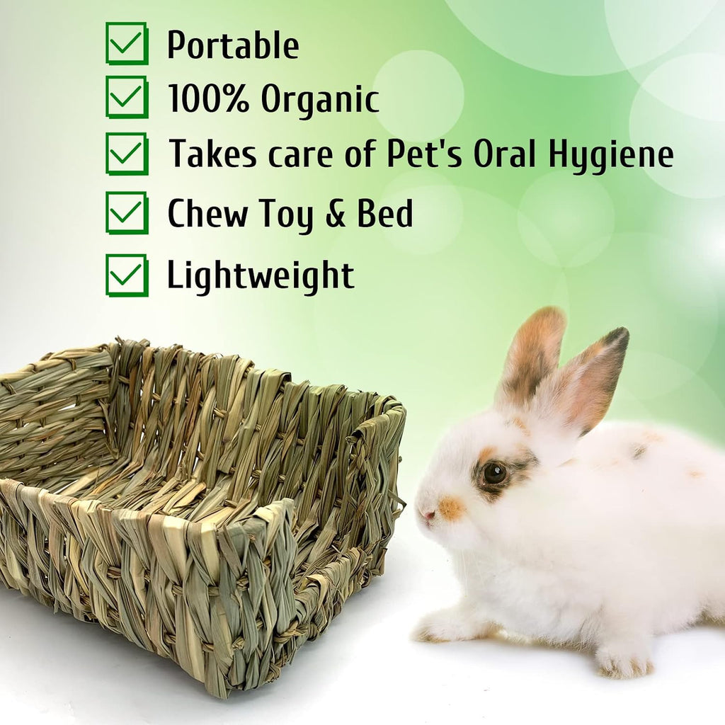 Rabbit Grass Bed for Bunny, 12 Pcs Pet Bunny Chew Toys Natural Hand-Made Woven Hay Mat Hamster Grass Basket Small Animals Bedding for Guinea Pig Chinchilla Ferret Gerbil Rat
