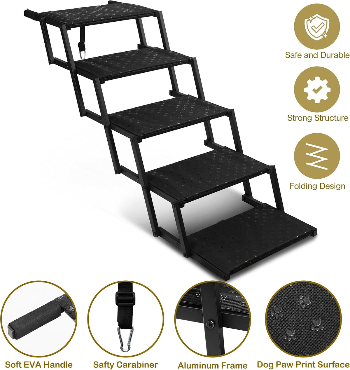 Foldable Dog Steps for Car SUV Truck - 5-Step Wide Stairs for Large Dogs