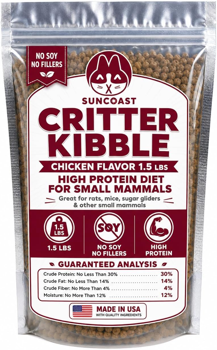 Suncoast Critter Kibble Small Animal Food - High Protein Critter Food for Rats, Mice, Sugar Gliders, and Exotic Pets - Complete Nutrition for Small Animals - 2 Months Supply 1.5 lbs