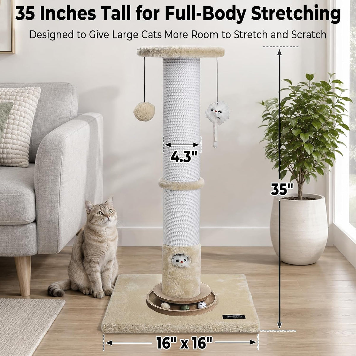 35-Inch Tall Cat Scratching Post, Stable Base for Large Cats, Beige