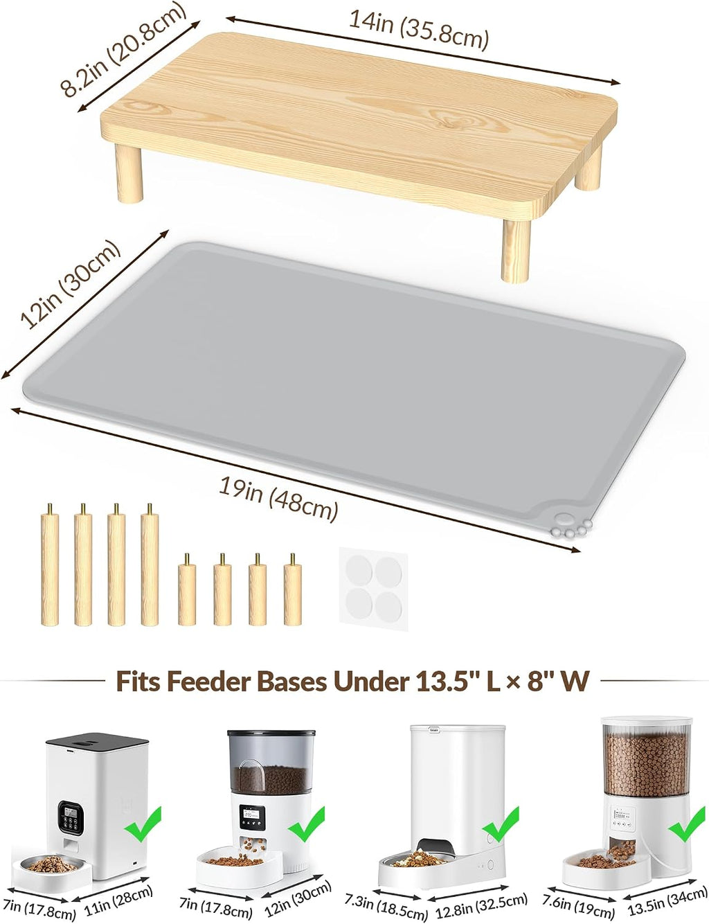 NiHome Cat Feeder Stand, Adjustable Height Wood Cat Food Table with Mat