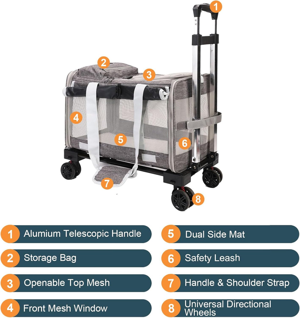 Pet Carrier with Wheels - Soft-Side Wheeled Cat Carrier for Dogs with Telescopic Handle, Collapsible Rolling Pet Travel Bag Carrier for Large Cats Small Medium Dogs for Camping Vet Visiting Grey