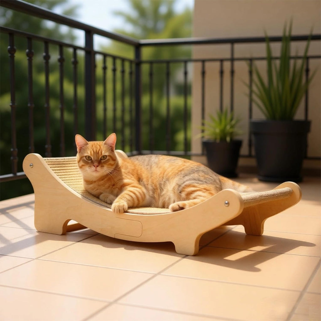 Wooden Cat Scratching Board Bed, Curved Sisal Cat Scratcher, Dual-Use Lounge Chair for Large Cats, 19.7 x 13 x 6.7 in, Stable Solid Wood Furniture Protector