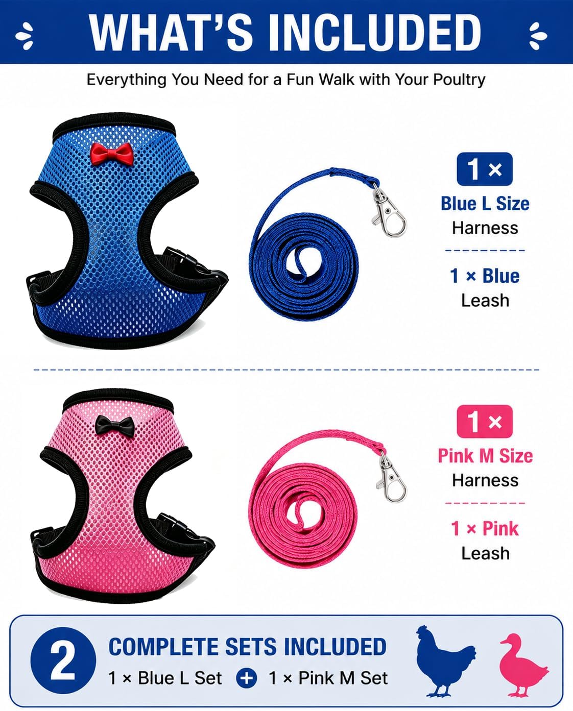 Neivique Chicken Harness and Leash Set, 2 Complete Sets (Blue L + Pink M), Adjustable Breathable Mesh Harness for Chickens, Ducks, Hens & Small Poultry, Escape-Proof Outdoor Walking Training