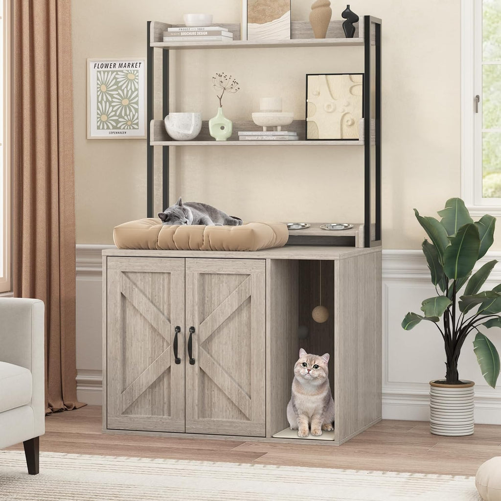 TrailBlaze Modern Hidden Cat Litter Box Enclosure Furniture – Spacious Wooden Cat Washroom Cabinet with Dual Storage Shelves, Charging Outlets – Large Indoor Cat House for Living Room or Entryway