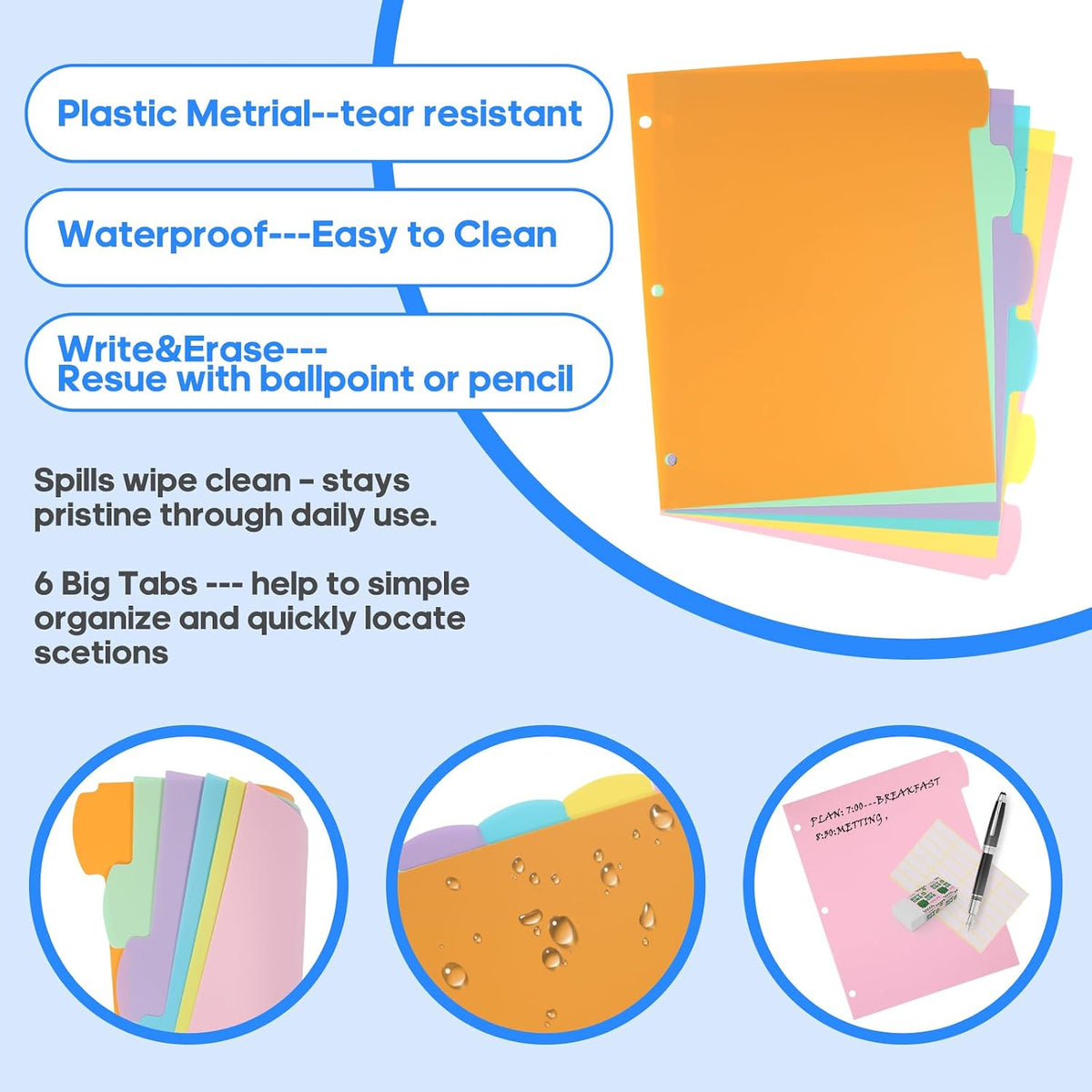 XUCHUN Binder Dividers with Tabs, 6 Tab, Letter Size,Multicolor 6 Sets (36PCS)