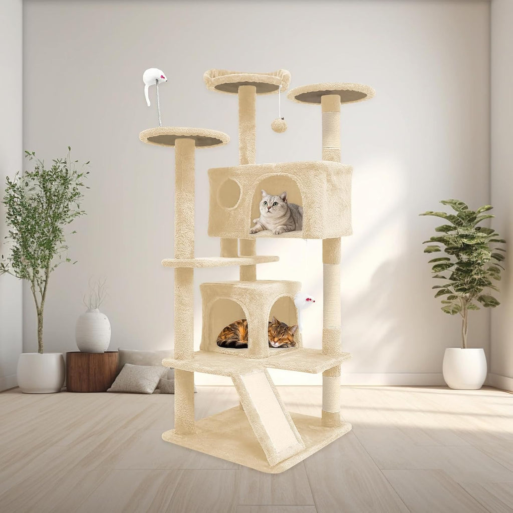 Aotaide 54in Cat Tree, Multi-Level Cat Tower,2 Cozy Caves, Scratching Posts, Climbing Ladder, Plush Balls, Durable Pet House Furniture for Indoor Kittens,Beige