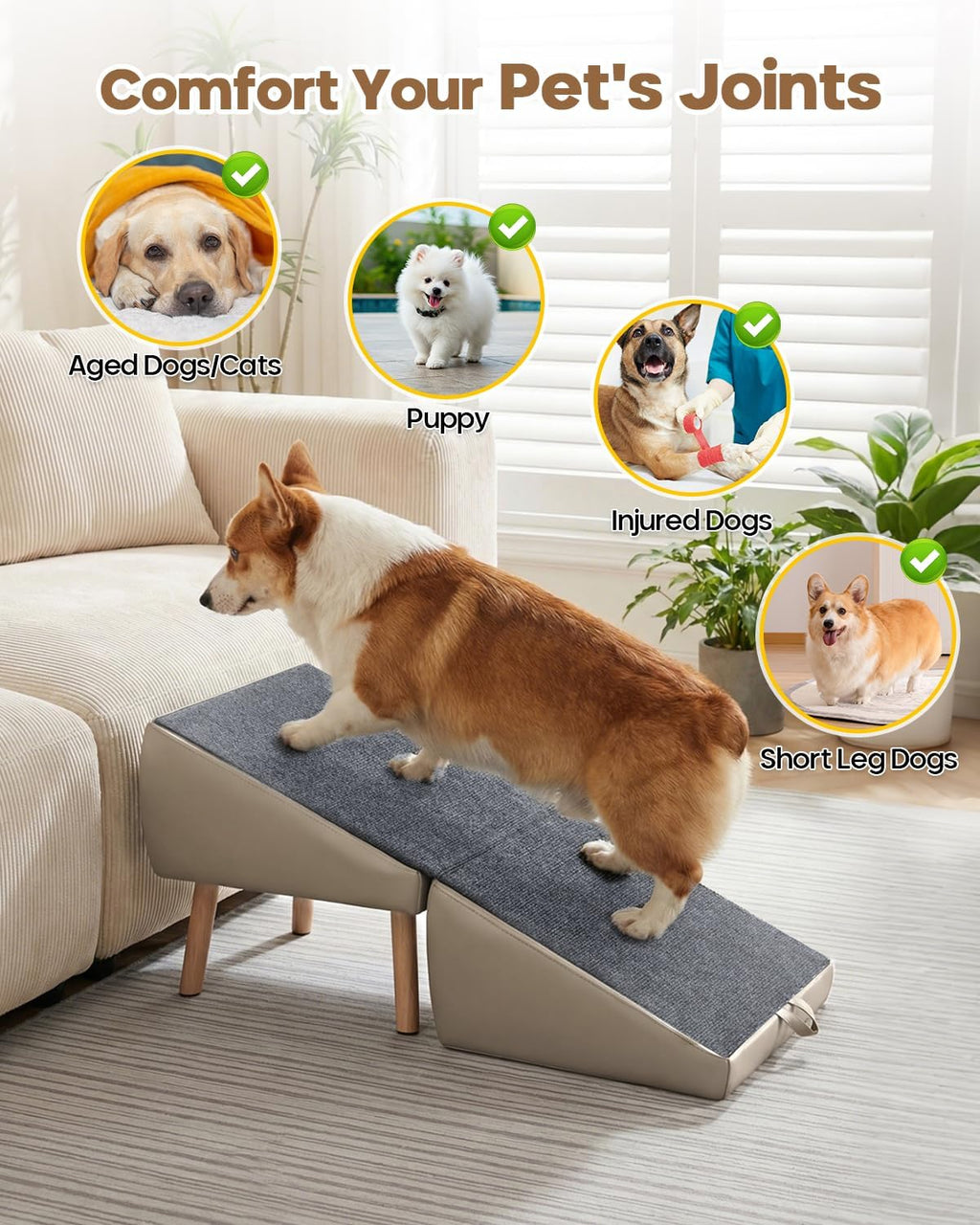 Split Ottoman Dog Ramp for Couch, 17.52" H Dog Stairs for Small Dogs and Cats, Foldable Pet Steps for Puppy and Medium/Senior Dogs,Non-Slip and Portable (Light Yellow)