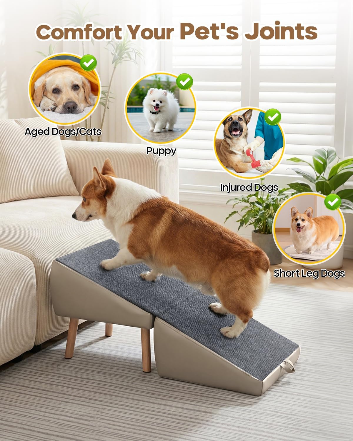 Split Ottoman Dog Ramp for Couch, 17.52" H Dog Stairs for Small Dogs and Cats, Foldable Pet Steps for Puppy and Medium/Senior Dogs,Non-Slip and Portable (Light Yellow)