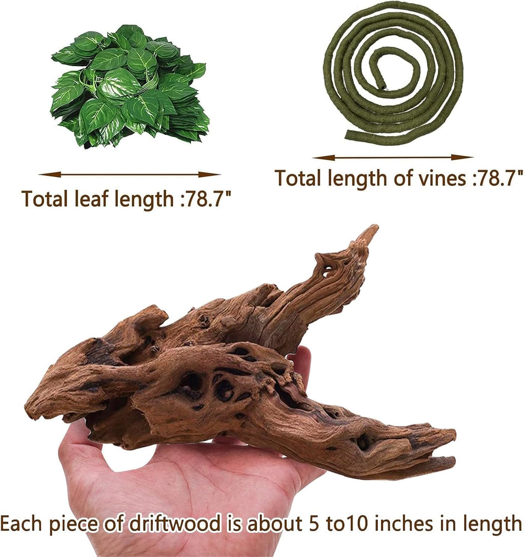 Hamiledyi 5 Pcs Reptile Plants Terrarium Hanging Fake Plant Leaves and Reptile Driftwood Branch Decor Terrarium Ornament Wood for Snake Bearded Dragon Leapord Gecko