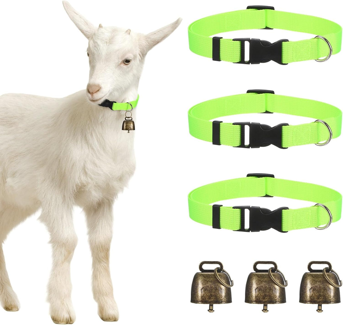 M METERXITY 3-Pack Goat Collars with Bells Polyester Green