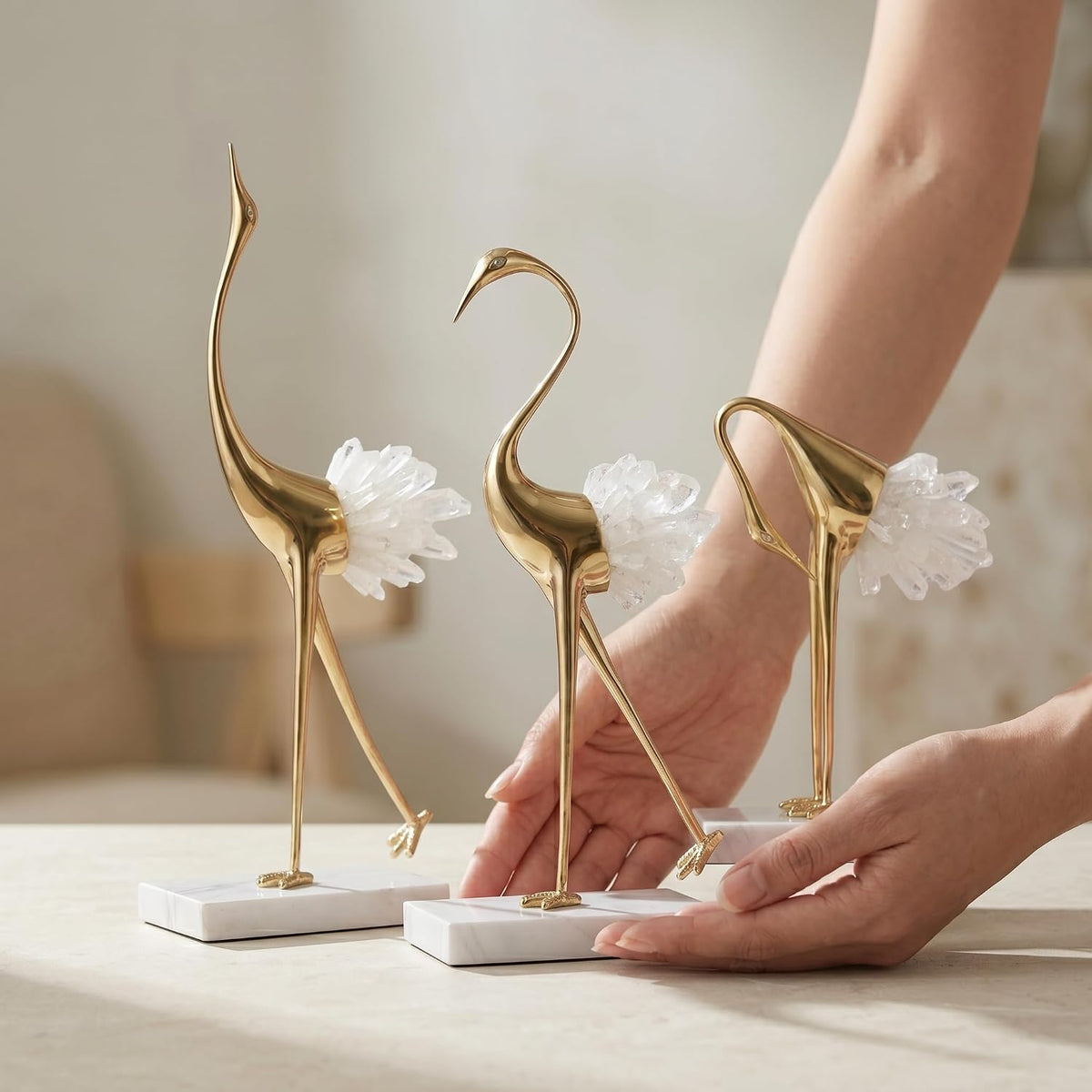 Elegant Gold Crane Bird Statues with Crystal Tail Accents, Decorative Brass Figurines for Home Decor (White C)
