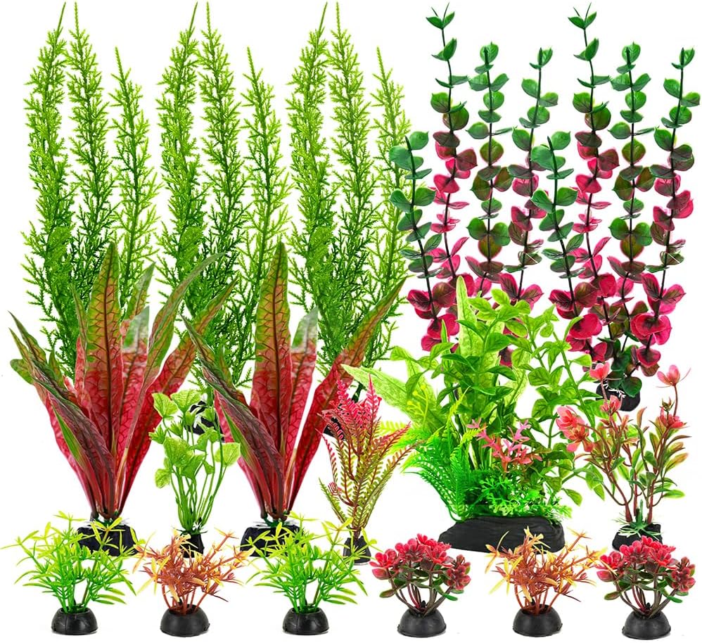 18Pcs Plastic Aquarium Plants, Weighted Base, Red Green Fish Tank Decor