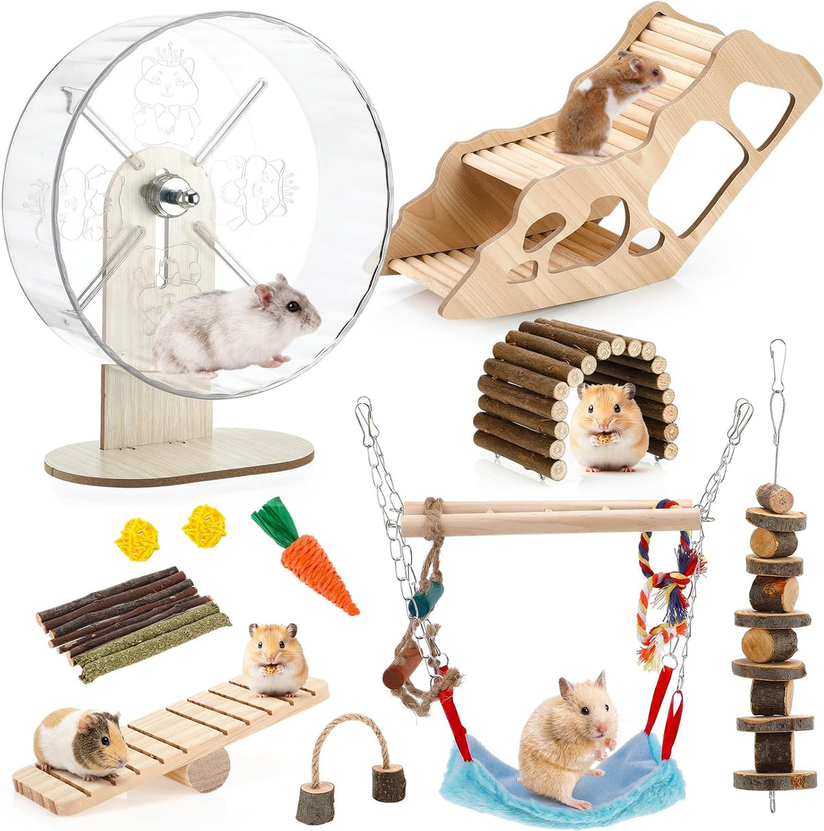 11 Pcs Hamster Cage Accessories Set, Bridge, Exercise Wheel, Swing, Chew Toys & More, Natural Wood Hamster Play Set for Dwarf Hamsters, Mice Small Animals Habitat (Maze Tunnel)