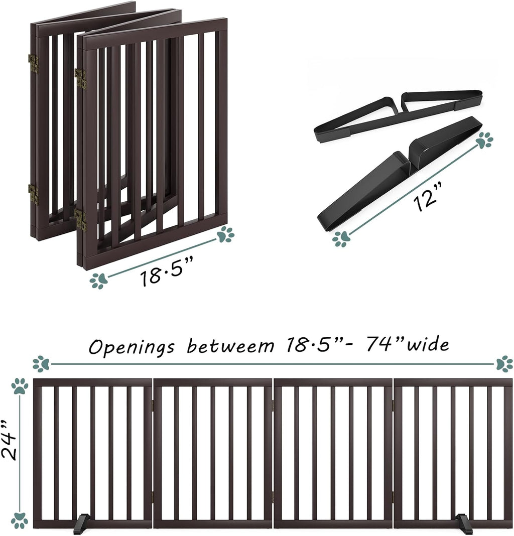 Wooden Dog Gate Freestanding Foldable 4 Panel Pet Gates Extra Wide Dog Gates for Indoor Doorways Stairs 24in Height Support Feet Included