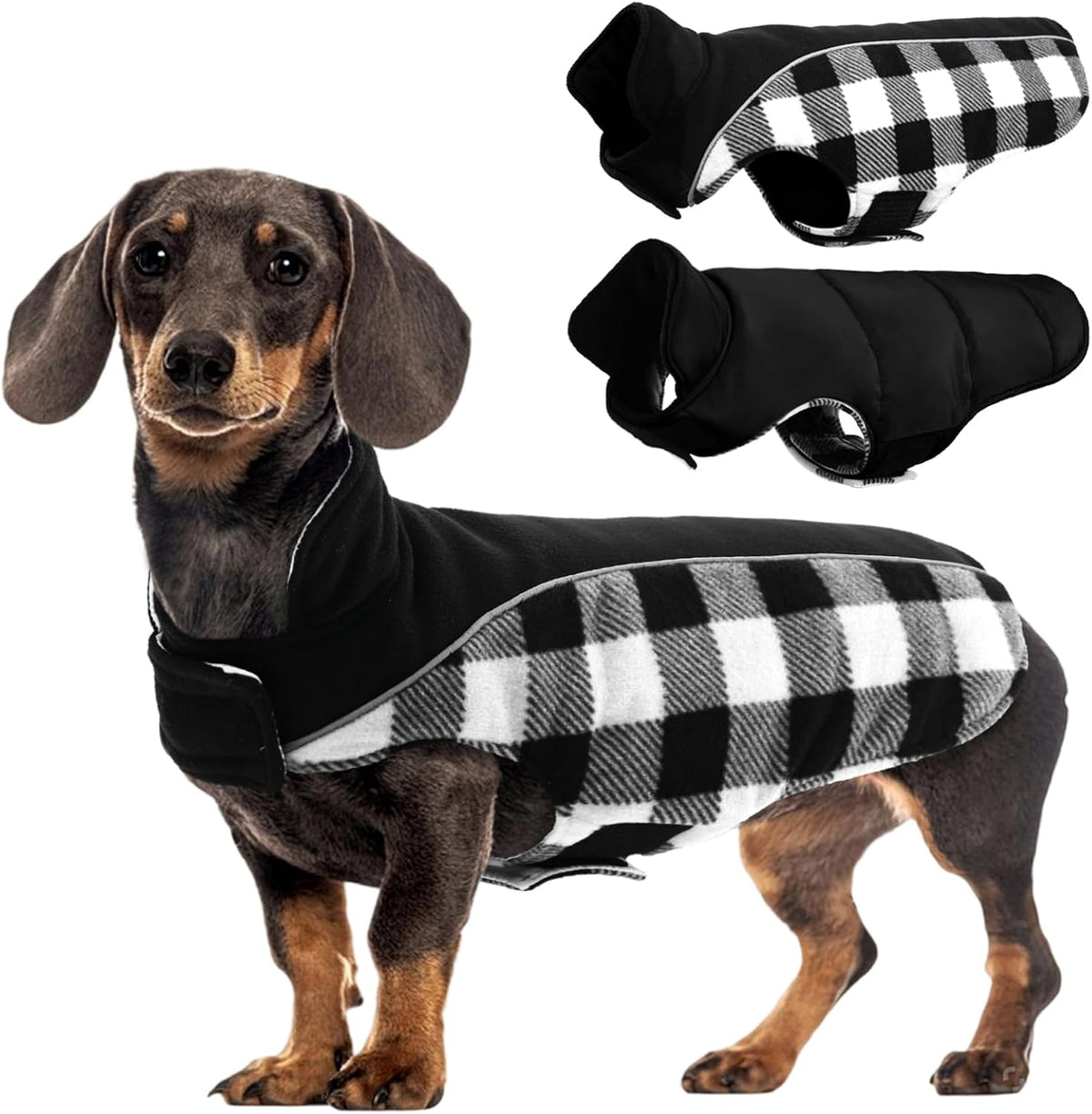 Kuoser Dog Winter Coat, Reversible Waterproof Dog Jacket with Reflective Strip, Warm Dogs Fleece Vest Adjustable Doggy Cold Weather Clothes Plaid Christmas Outfit Pet Apparel for Small Dogs, Pink XS