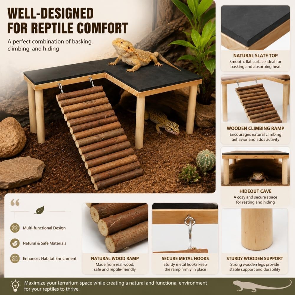 Bearded Dragon Basking Platform, Bearded Dragon Tank Accessories, Reptile Basking Rock with Climbing Ramp and Hideout Cave, Wooden Reptile Habitat Decor for Lizard Gecko Tortoise Snake