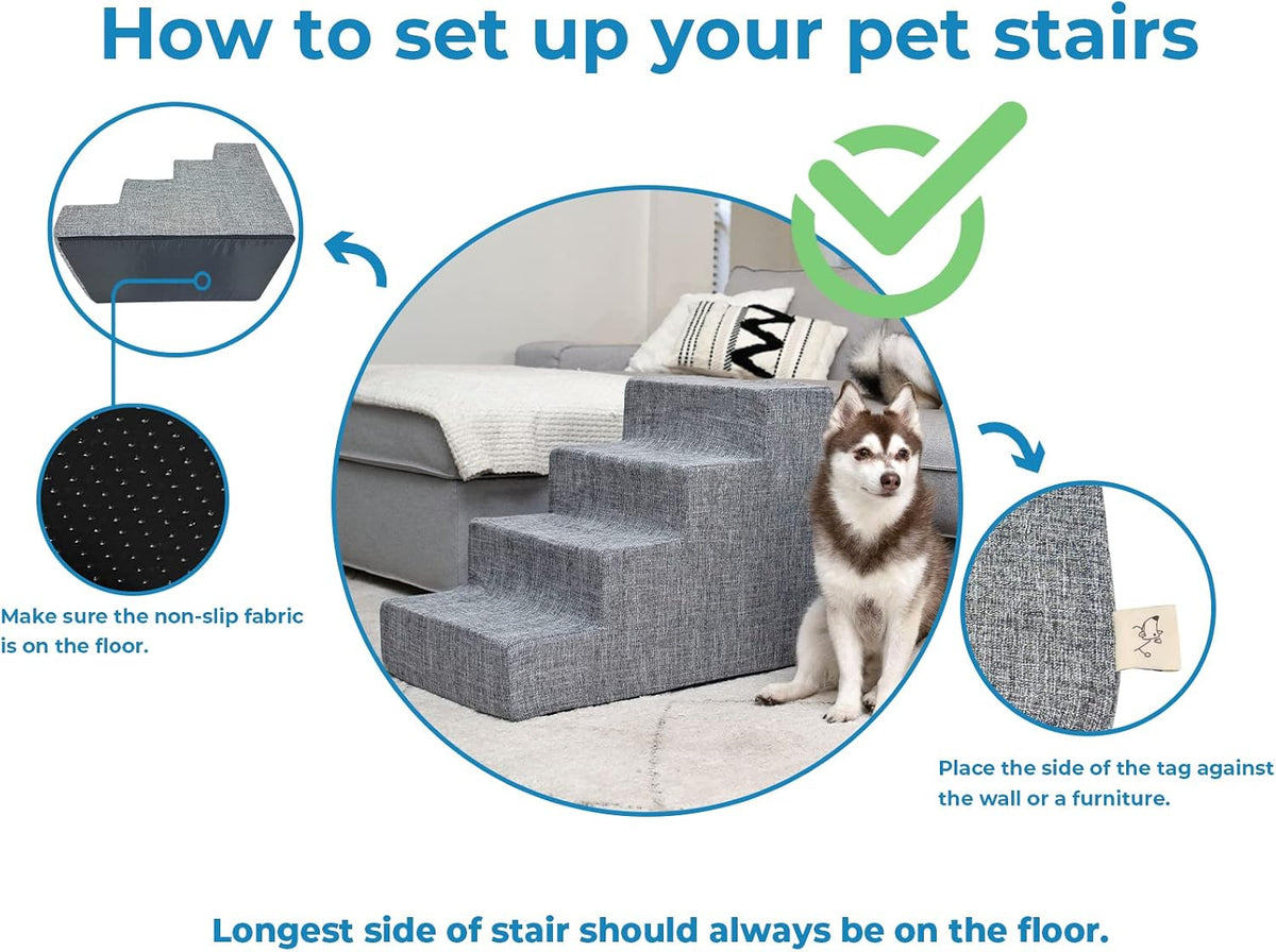 Best Pet Supplies Dog Stairs & Steps - Foam Steps for Small Dogs & Cats, Non-Slip Indoor Balanced Pet Step Support, Dog Ramp, No Assembly, Ash Gray Linen, 4-Step (18-inch Height)