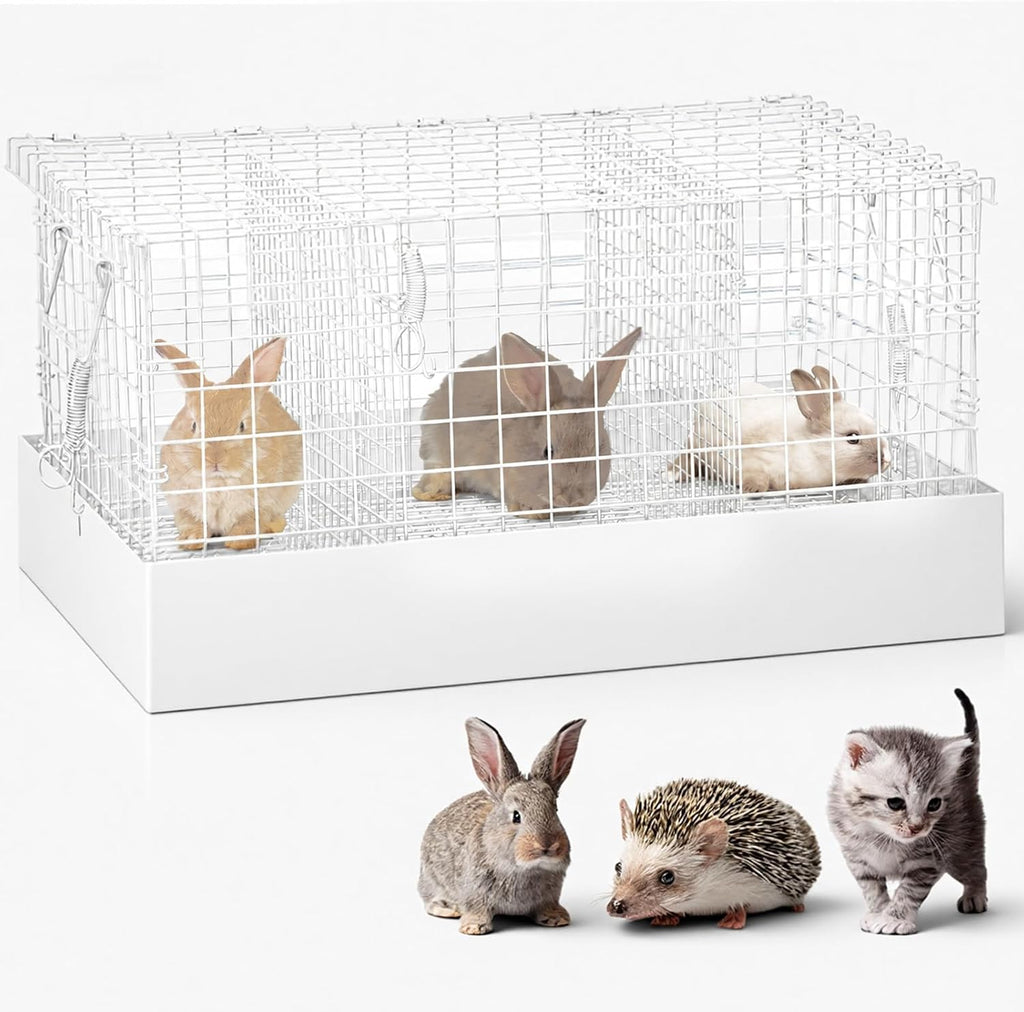 DoubleFill 1 Pack 3 Hole Folding Rabbit Transport Cage, 18 x 12 x 10 in Portable White Bunny Carrier with Tray and Handles for Travel Temporary Housing, Indoor Outdoor Pet Habitat Animal Enclosure