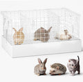 DoubleFill 1 Pack 3 Hole Folding Rabbit Transport Cage, 18 x 12 x 10 in Portable White Bunny Carrier with Tray and Handles for Travel Temporary Housing, Indoor Outdoor Pet Habitat Animal Enclosure