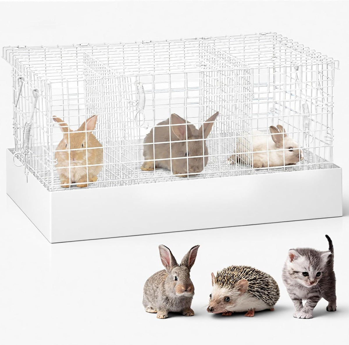 DoubleFill 1 Pack 3 Hole Folding Rabbit Transport Cage, 18 x 12 x 10 in Portable White Bunny Carrier with Tray and Handles for Travel Temporary Housing, Indoor Outdoor Pet Habitat Animal Enclosure
