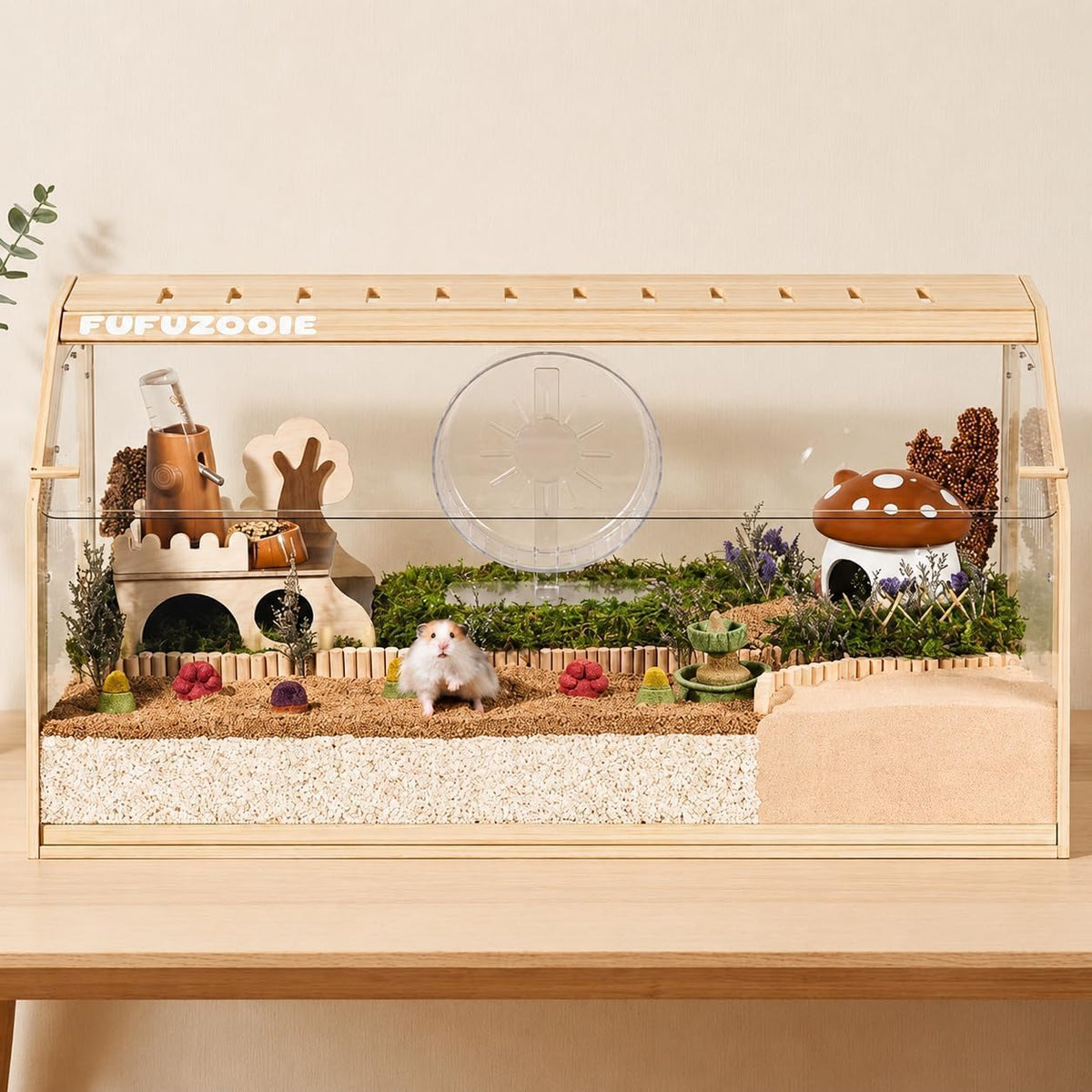 39" Large Hamster Cage with Clear Background, Wooden Gerbil Cage