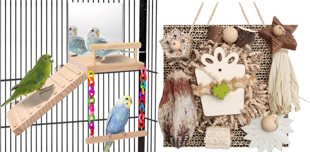 Kyouki Bird Play & Foraging Bundle - Wooden Perch Gym with Mirror/Ladder & Chewable Cardboard Foraging Toy for Parakeets, Cockatiels, Lovebirds, Conures & Small/Medium Parrots