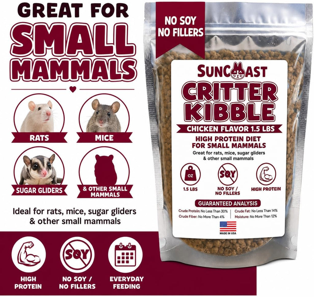 Suncoast Critter Kibble Small Animal Food - High Protein Critter Food for Rats, Mice, Sugar Gliders, and Exotic Pets - Complete Nutrition for Small Animals - 2 Months Supply 1.5 lbs
