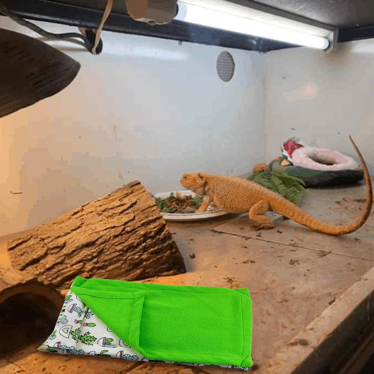 Dnoifne Reptile Sleeping Bag, Reptile Pets' Sleeping Bag Set with Pillow and Blanket, Hideout Habitat with Soft Warm for Bearded Dragon Leopard Gecko Lizard (Green Blanket)
