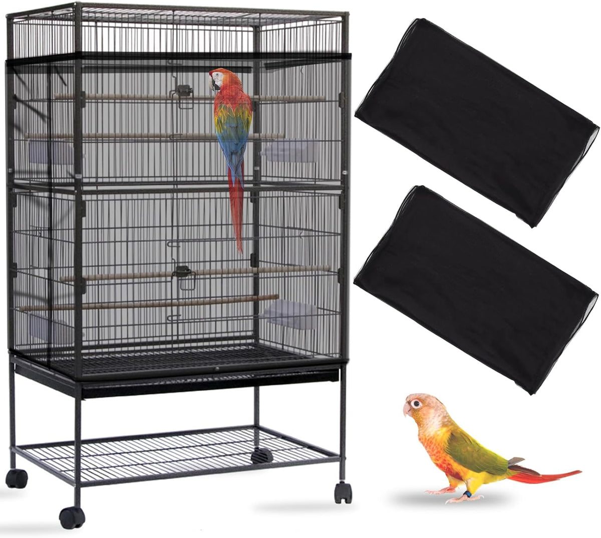Daoeny 2PCS Bird Cage Seed Catcher, Large Bird Cage Cover, Adjustable Soft Airy Nylon Mesh, Birdcage Cover Skirt Seed Guard for Parrot Parakeet Macaw Round Square Cages (Black & Black)