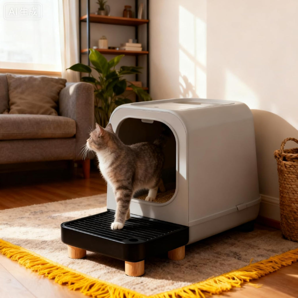 Litter Box Step, Litter Box Ramp/Catcher with Wooden Base，Pet Step Stool for Filter Function, Easy to Clean,Ideal for Kitten/Elderly Cats(Black)